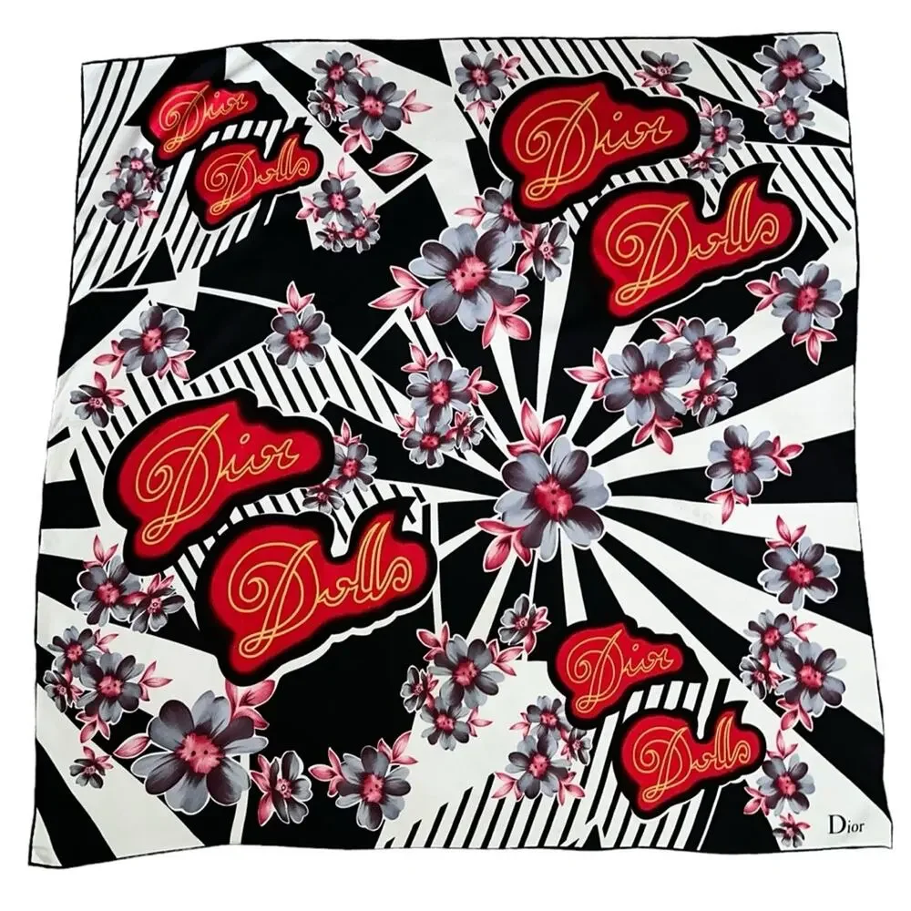 AUTH VTG Christian Dior Dolls Logo Floral Print Silk Large Square Scarf Top